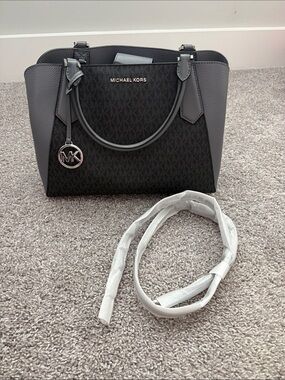 Michael Kors Large Black & Gray Logo Satchel with MK Charm